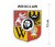 Naklejka z herbem Wrocławia, nad herbem jest umieszczony napis Wrocław. Herb wraz z nazwą otoczone są białą obwódką stanowiącą białe tło naklejki. Obok podano wymiar wysokości naklejki - 12 cm.