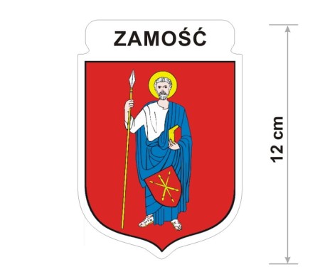 Naklejka z herbem Zamościa, nad herbem jest umieszczony napis Zamość. Herb wraz z nazwą otoczone są białą obwódką stanowiącą białe tło naklejki. Obok podano wymiar wysokości naklejki - 12 cm.