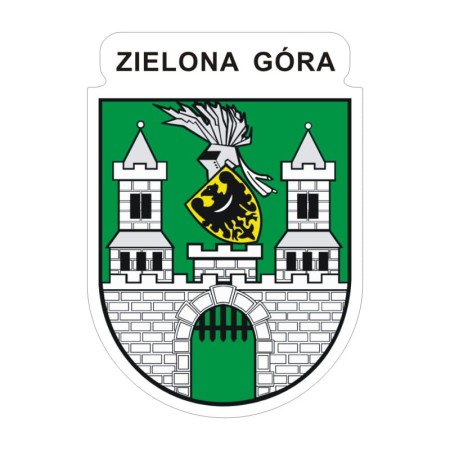 Naklejka z herbem Zielonej Góry i napisem Zielona Góra nad herbem, herb i napis posiadają białą obwódkę, która jest białym tłem dla herbu Zielonej Góry i napisu. Wymiar naklejki 12 cm wysokości.