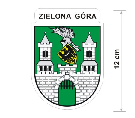 Naklejka z herbem Zielonej Góry, nad herbem jest umieszczony napis Zielona Góra. Herb wraz z nazwą otoczone są białą obwódką stanowiącą białe tło naklejki. Obok podano wymiar wysokości naklejki - 12 cm.
