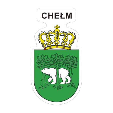 Naklejka z herbem Chełma i napisem Chełm nad herbem, herb i napis posiadają białą obwódkę, która jest białym tłem dla herbu Chełma i napisu. Wymiar naklejki 12 cm wysokości.