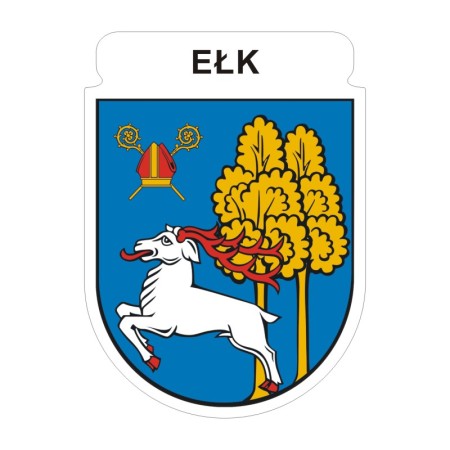 Naklejka z herbem Ełku i napisem Ełk nad herbem, herb i napis posiadają białą obwódkę, która jest białym tłem dla herbu Ełku i napisu. Wymiar naklejki 12 cm wysokości.