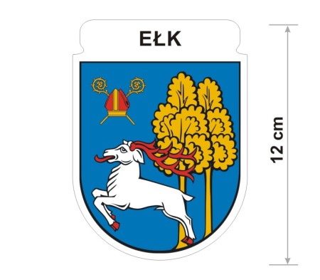 Naklejka z herbem Ełku, nad herbem jest umieszczony napis Ełk. Herb wraz z nazwą otoczone są białą obwódką stanowiącą białe tło naklejki. Obok podano wymiar wysokości naklejki - 12 cm.