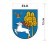 Naklejka z herbem Ełku, nad herbem jest umieszczony napis Ełk. Herb wraz z nazwą otoczone są białą obwódką stanowiącą białe tło naklejki. Obok podano wymiar wysokości naklejki - 12 cm.