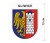 Naklejka z herbem Gliwic, nad herbem jest umieszczony napis Gliwice. Herb wraz z nazwą otoczone są białą obwódką stanowiącą białe tło naklejki. Obok podano wymiar wysokości naklejki - 12 cm.