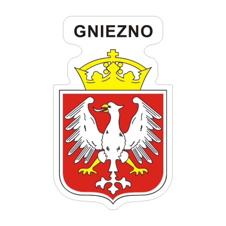Naklejka z herbem Gniezna i napisem Gniezno nad herbem, herb i napis posiadają białą obwódkę, która jest białym tłem dla herbu Gniezna i napisu. Wymiar naklejki 12 cm wysokości.
