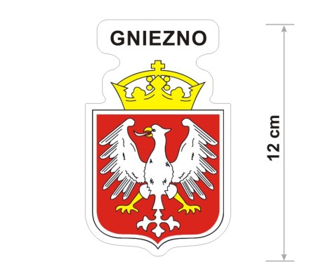 Naklejka z herbem Gniezna, nad herbem jest umieszczony napis Gniezno. Herb wraz z nazwą otoczone są białą obwódką stanowiącą białe tło naklejki. Obok podano wymiar wysokości naklejki - 12 cm.
