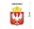 Naklejka z herbem Gniezna, nad herbem jest umieszczony napis Gniezno. Herb wraz z nazwą otoczone są białą obwódką stanowiącą białe tło naklejki. Obok podano wymiar wysokości naklejki - 12 cm.