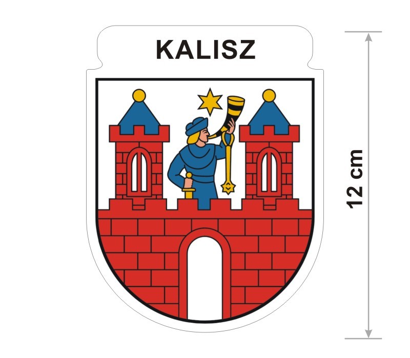 Naklejka z herbem Kalisza, nad herbem jest umieszczony napis Kalisz. Herb wraz z nazwą otoczone są białą obwódką stanowiącą białe tło naklejki. Obok podano wymiar wysokości naklejki - 12 cm.