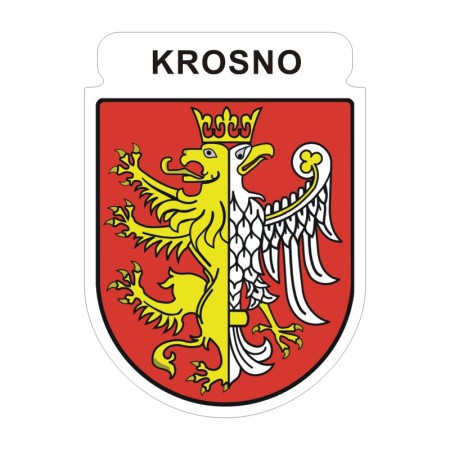 Naklejka z herbem Krosna i napisem Krosno nad herbem, herb i napis posiadają białą obwódkę, która jest białym tłem dla herbu Krosna i napisu. Wymiar naklejki 12 cm wysokości.