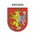 Naklejka z herbem Krosna i napisem Krosno nad herbem, herb i napis posiadają białą obwódkę, która jest białym tłem dla herbu Krosna i napisu. Wymiar naklejki 12 cm wysokości.