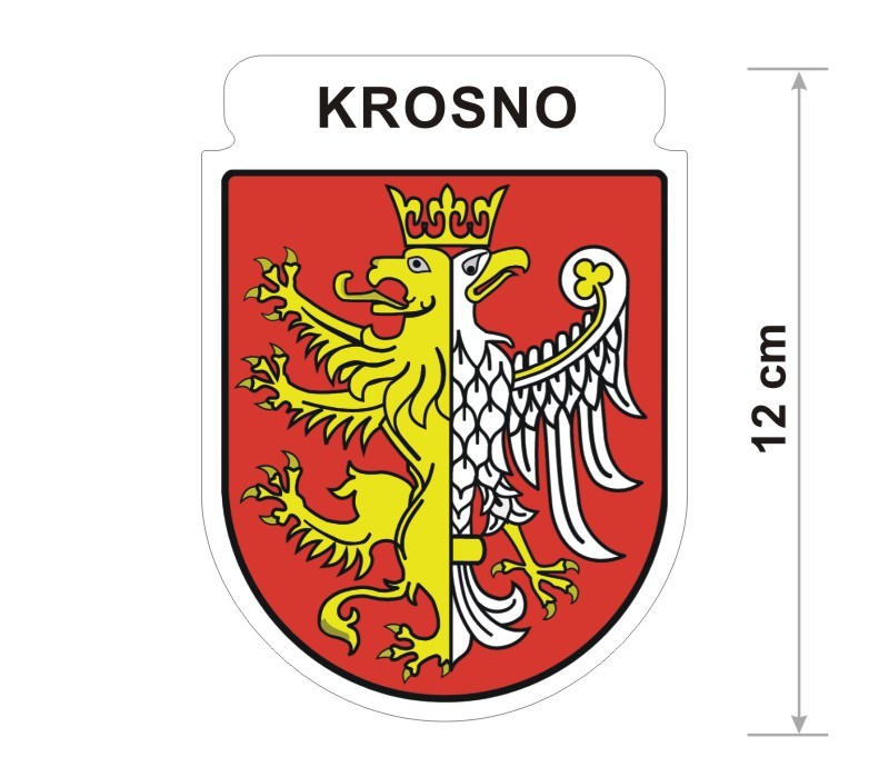 Naklejka z herbem Krosna, nad herbem jest umieszczony napis Krosno. Herb wraz z nazwą otoczone są białą obwódką stanowiącą białe tło naklejki. Obok podano wymiar wysokości naklejki - 12 cm.