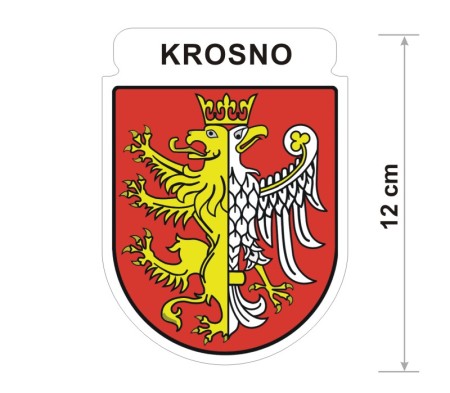 Naklejka z herbem Krosna, nad herbem jest umieszczony napis Krosno. Herb wraz z nazwą otoczone są białą obwódką stanowiącą białe tło naklejki. Obok podano wymiar wysokości naklejki - 12 cm.