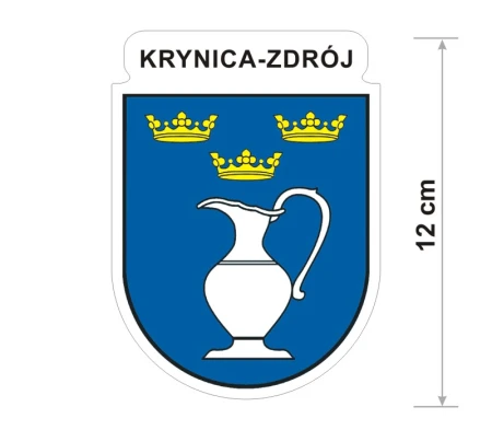 Naklejka z herbem Krynicy Zdroju, nad herbem jest umieszczony napis Krynica Zdrój. Herb wraz z nazwą otoczone są białą obwódką stanowiącą białe tło naklejki. Obok podano wymiar wysokości naklejki - 12 cm.