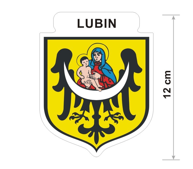 Naklejka z herbem Lubina, nad herbem jest umieszczony napis Lubin. Herb wraz z nazwą otoczone są białą obwódką stanowiącą białe tło naklejki. Obok podano wymiar wysokości naklejki - 12 cm.