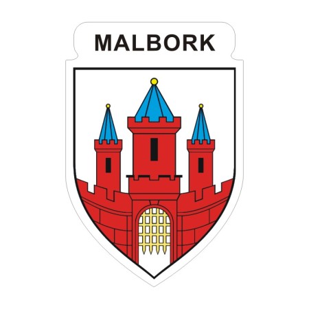 Naklejka z herbem Malborka i napisem Malbork nad herbem, herb i napis posiadają białą obwódkę, która jest białym tłem dla herbu Malborka i napisu. Wymiar naklejki 12 cm wysokości.