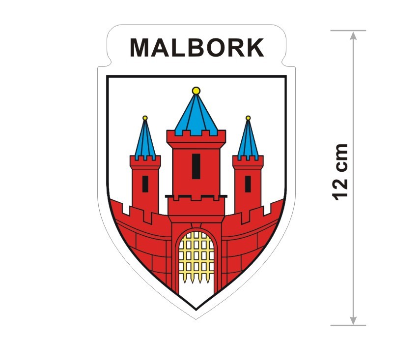 Naklejka z herbem Malborka, nad herbem jest umieszczony napis Malbork. Herb wraz z nazwą otoczone są białą obwódką stanowiącą białe tło naklejki. Obok podano wymiar wysokości naklejki - 12 cm.