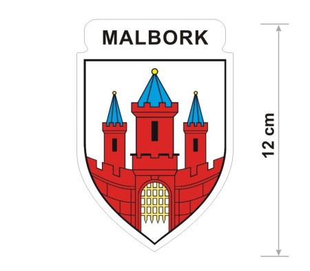 Naklejka z herbem Malborka, nad herbem jest umieszczony napis Malbork. Herb wraz z nazwą otoczone są białą obwódką stanowiącą białe tło naklejki. Obok podano wymiar wysokości naklejki - 12 cm.