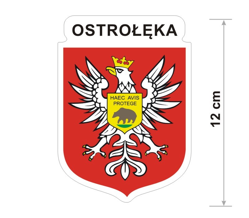 Naklejka z herbem Ostrołęki, nad herbem jest umieszczony napis Ostrołęka. Herb wraz z nazwą otoczone są białą obwódką stanowiącą białe tło naklejki. Obok podano wymiar wysokości naklejki - 12 cm.
