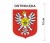 Naklejka z herbem Ostrołęki, nad herbem jest umieszczony napis Ostrołęka. Herb wraz z nazwą otoczone są białą obwódką stanowiącą białe tło naklejki. Obok podano wymiar wysokości naklejki - 12 cm.