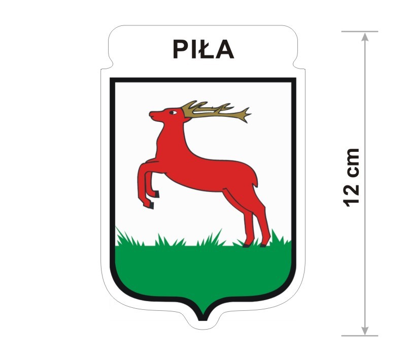 Naklejka z herbem Piły, nad herbem jest umieszczony napis Piła. Herb wraz z nazwą otoczone są białą obwódką stanowiącą białe tło naklejki. Obok podano wymiar wysokości naklejki - 12 cm.