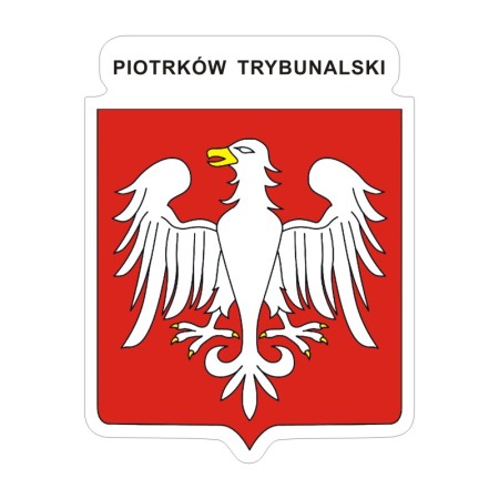 Naklejka z herbem Piotrkowa Trybunalskiego i napisem Piotrków Trybunalski nad herbem, herb i napis posiadają białą obwódkę, która jest białym tłem dla herbu Piotrkowa Trybunalskiego i napisu. Wymiar naklejki 12 cm wysokości.