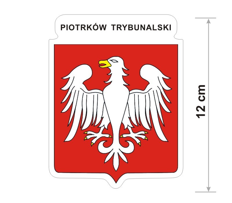 Naklejka z herbem Piotrkowa Trybunalskiego, nad herbem jest umieszczony napis Piotrków Trybunalski. Herb wraz z nazwą otoczone są białą obwódką stanowiącą białe tło naklejki. Obok podano wymiar wysokości naklejki - 12 cm.