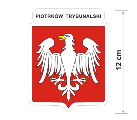 Naklejka z herbem Piotrkowa Trybunalskiego, nad herbem jest umieszczony napis Piotrków Trybunalski. Herb wraz z nazwą otoczone są białą obwódką stanowiącą białe tło naklejki. Obok podano wymiar wysokości naklejki - 12 cm.