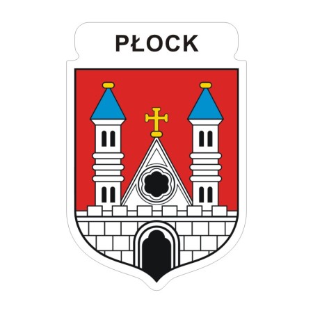 Naklejka z herbem Płocka i napisem Płock nad herbem, herb i napis posiadają białą obwódkę, która jest białym tłem dla herbu Płocka i napisu. Wymiar naklejki 12 cm wysokości.