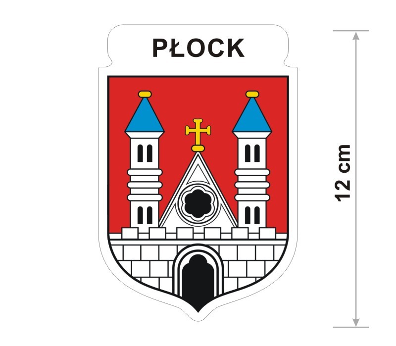 Naklejka z herbem Płocka, nad herbem jest umieszczony napis Płock. Herb wraz z nazwą otoczone są białą obwódką stanowiącą białe tło naklejki. Obok podano wymiar wysokości naklejki - 12 cm.
