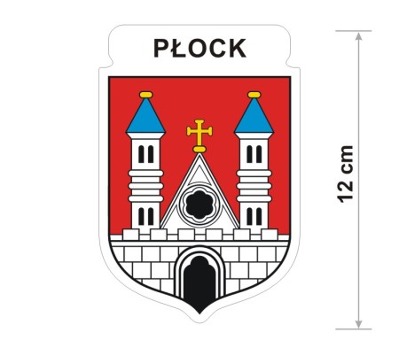 Naklejka z herbem Płocka, nad herbem jest umieszczony napis Płock. Herb wraz z nazwą otoczone są białą obwódką stanowiącą białe tło naklejki. Obok podano wymiar wysokości naklejki - 12 cm.