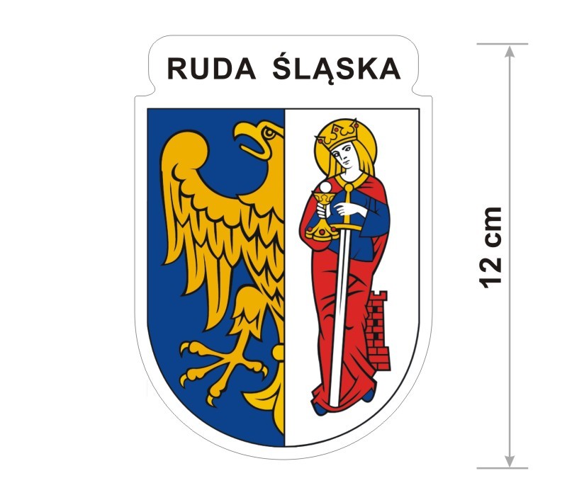 Naklejka z herbem Rudy Śląskiej, nad herbem jest umieszczony napis Ruda Śląska. Herb wraz z nazwą otoczone są białą obwódką stanowiącą białe tło naklejki. Obok podano wymiar wysokości naklejki - 12 cm.