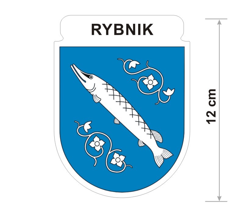 Naklejka z herbem Rybnika, nad herbem jest umieszczony napis Rybnik. Herb wraz z nazwą otoczone są białą obwódką stanowiącą białe tło naklejki. Obok podano wymiar wysokości naklejki - 12 cm.