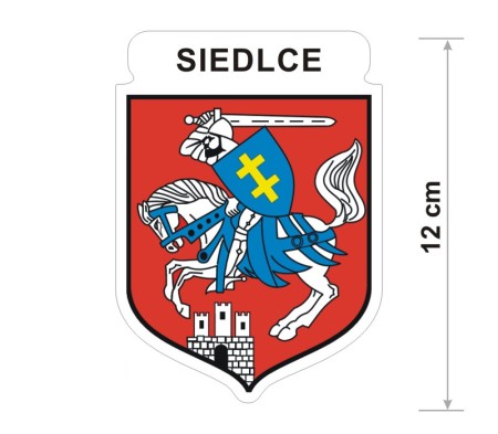 Naklejka z herbem Siedlec, nad herbem jest umieszczony napis Siedlce. Herb wraz z nazwą otoczone są białą obwódką stanowiącą białe tło naklejki. Obok podano wymiar wysokości naklejki - 12 cm.