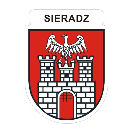 Naklejka z herbem Sieradza i napisem Sieradz nad herbem, herb i napis posiadają białą obwódkę, która jest białym tłem dla herbu Sieradza i napisu. Wymiar naklejki 12 cm wysokości.