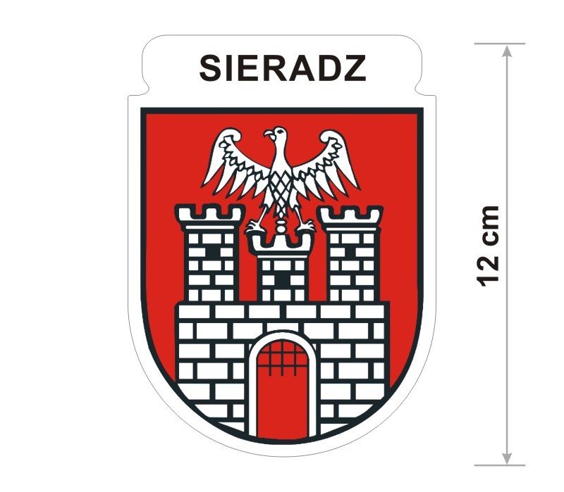 Naklejka z herbem Sieradza, nad herbem jest umieszczony napis Sieradz. Herb wraz z nazwą otoczone są białą obwódką stanowiącą białe tło naklejki. Obok podano wymiar wysokości naklejki - 12 cm.