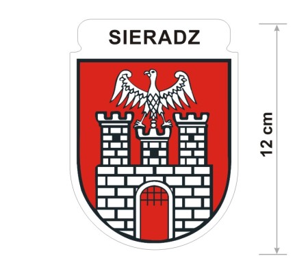 Naklejka z herbem Sieradza, nad herbem jest umieszczony napis Sieradz. Herb wraz z nazwą otoczone są białą obwódką stanowiącą białe tło naklejki. Obok podano wymiar wysokości naklejki - 12 cm.