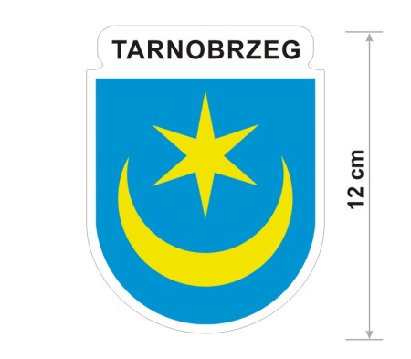 Naklejka z herbem Tarnobrzega, nad herbem jest umieszczony napis Tarnobrzeg. Herb wraz z nazwą otoczone są białą obwódką stanowiącą białe tło naklejki. Obok podano wymiar wysokości naklejki - 12 cm.