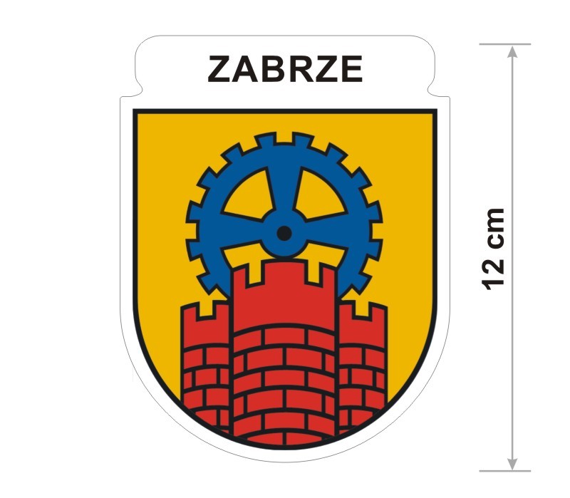 Naklejka z herbem Zabrza, nad herbem jest umieszczony napis Zabrze. Herb wraz z nazwą otoczone są białą obwódką stanowiącą białe tło naklejki. Obok podano wymiar wysokości naklejki - 12 cm.