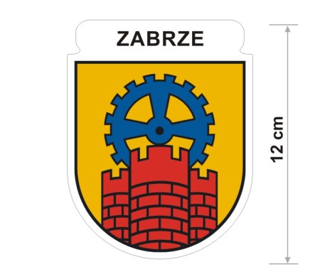 Naklejka z herbem Zabrza, nad herbem jest umieszczony napis Zabrze. Herb wraz z nazwą otoczone są białą obwódką stanowiącą białe tło naklejki. Obok podano wymiar wysokości naklejki - 12 cm.