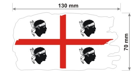 Naklejka wodoodporna z flagą Sardynii w stylu duszka. Podane są wymiary, szerokość  13 cm i wysokość 7 cm. Na zewnątrz flagi Sardynii znajduje się biała obwódka stanowiąca białe tło dla flagi Sardynii.
