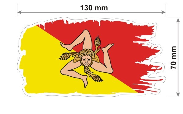 Naklejka wodoodporna z flagą Madery w stylu duszka. Podane są wymiary, szerokość  13 cm i wysokość 7 cm. Na zewnątrz flagi Sycylii znajduje się biała obwódka stanowiąca białe tło dla flagi Sycylii.