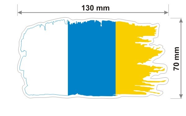 Naklejka wodoodporna z flagą Wysp Kanaryjskich w stylu duszka. Podane są wymiary, szerokość  13 cm i wysokość 7 cm. Na zewnątrz flagi Wysp Kanaryjskich znajduje się biała obwódka stanowiąca białe tło dla flagi Wysp Kanaryjskich.