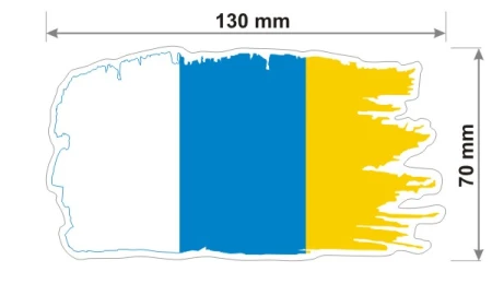 Naklejka wodoodporna z flagą Wysp Kanaryjskich w stylu duszka. Podane są wymiary, szerokość  13 cm i wysokość 7 cm. Na zewnątrz flagi Wysp Kanaryjskich znajduje się biała obwódka stanowiąca białe tło dla flagi Wysp Kanaryjskich.