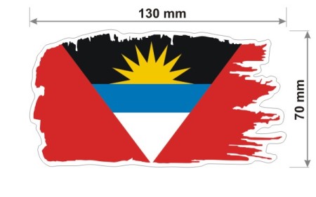 Naklejka wodoodporna z flagą Antiguy i Barbudy w stylu duszka. Podane są wymiary, szerokość  13 cm i wysokość 7 cm. Na zewnątrz flagi Państwa Antigua i Barbuda znajduje się biała obwódka stanowiąca białe tło dla flagi Antiguy i Barbudy.