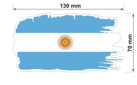 Naklejka wodoodporna z flagą Argentyny w stylu duszka. Podane są wymiary, szerokość  13 cm i wysokość 7 cm. Na zewnątrz flagi państwa Argentyna znajduje się biała obwódka stanowiąca białe tło dla flagi Argentyny.