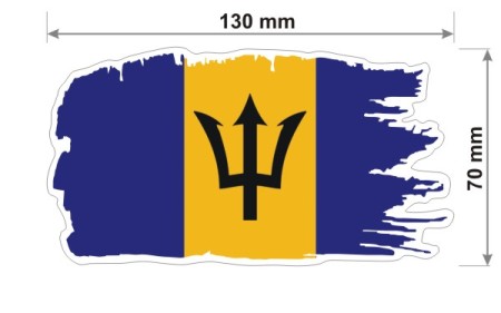 Naklejka wodoodporna z flagą Barbadosu w stylu duszka. Podane są wymiary, szerokość  13 cm i wysokość 7 cm. Na zewnątrz flagi państwa Barbados znajduje się biała obwódka stanowiąca białe tło dla flagi Barbadosu