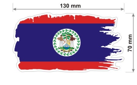 Naklejka wodoodporna z flagą Belize w stylu duszka. Podane są wymiary, szerokość  13 cm i wysokość 7 cm. Na zewnątrz flagi państwa Belize znajduje się biała obwódka stanowiąca białe tło dla flagi Belize.