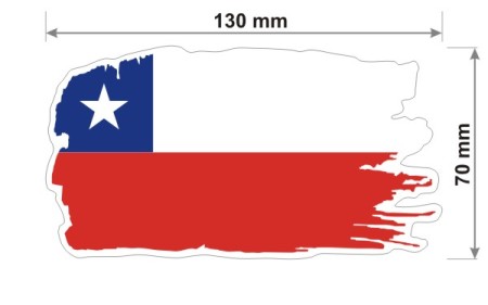 Naklejka wodoodporna z flagą Chile w stylu duszka. Podane są wymiary, szerokość  13 cm i wysokość 7 cm. Na zewnątrz flagi państwa Chile znajduje się biała obwódka stanowiąca białe tło dla flagi Chile.