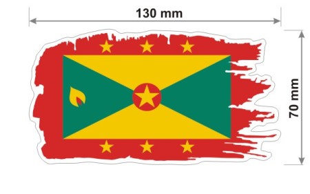 Naklejka wodoodporna z flagą Grenady w stylu duszka. Podane są wymiary, szerokość  13 cm i wysokość 7 cm. Na zewnątrz flagi państwa Grenada znajduje się biała obwódka stanowiąca białe tło dla flagi Grenady.